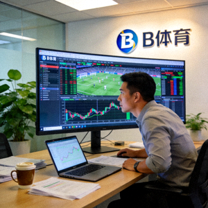 B体育平台数据分析主管王明在办公室内查看数据大屏幕的工作场景照
