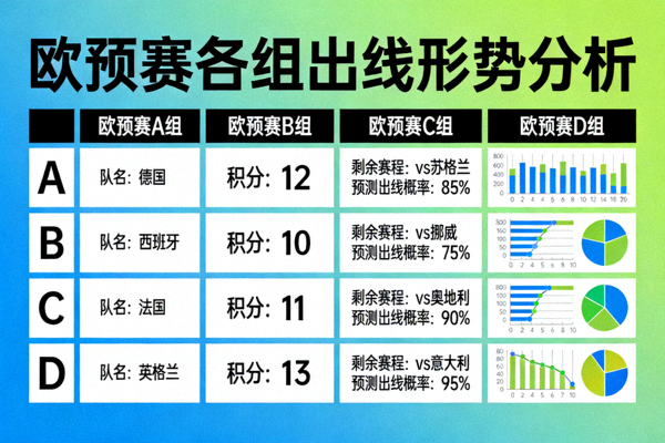 欧预赛各组出线形势分析图表，包含各队积分、剩余赛程及预测概率