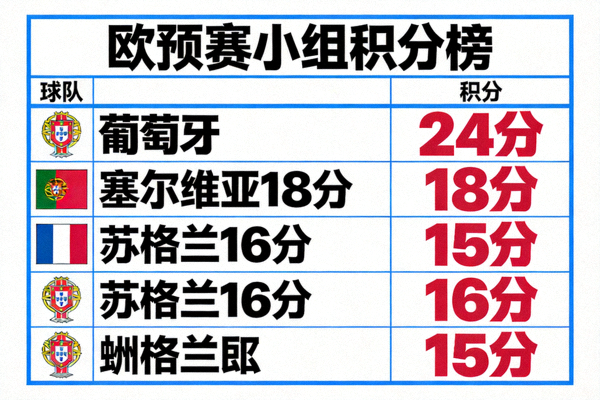 欧预赛小组积分榜图表，显示葡萄牙队高居榜首，积分遥遥领先