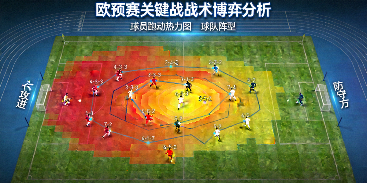 欧预赛关键战战术博弈分析图 - 球场阵型与球员跑动热力图叠加展示